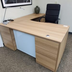 72" L-Shaped Desk Bow Front with Glass Modesty Panel - Image 1